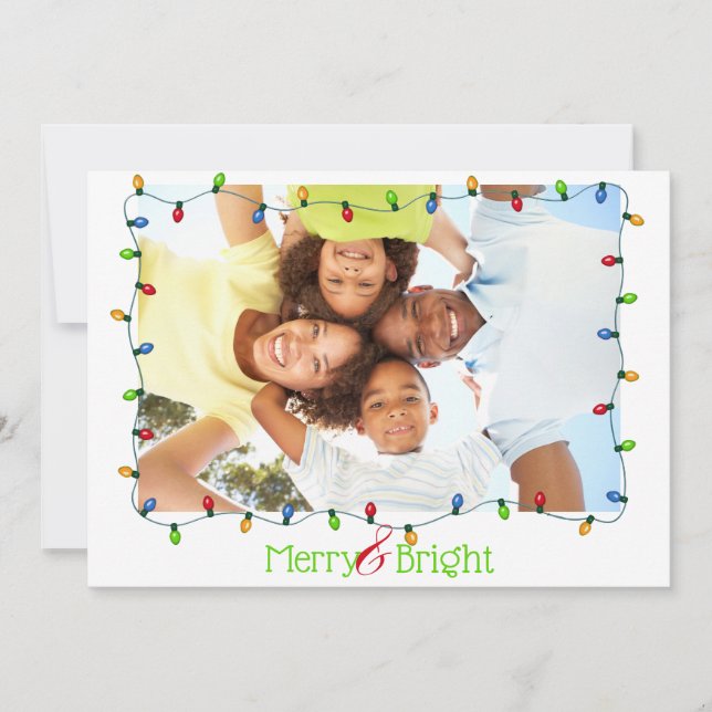 Merry and Bright Modern Christmas Lights Photo Holiday Card (Front)
