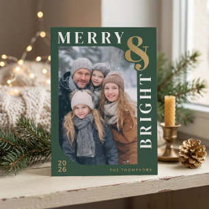 Merry and Bright Modern Christmas Photo - Green Holiday Card
