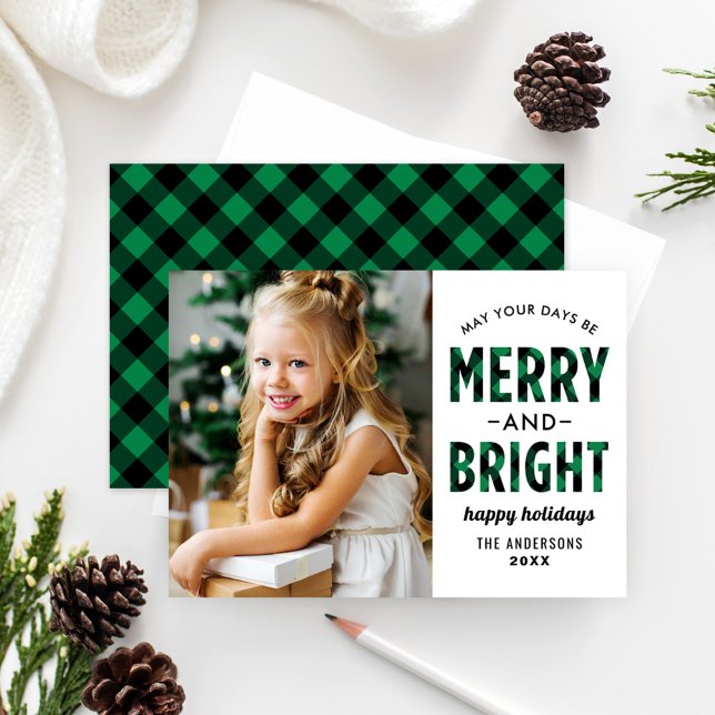 Merry and Bright Modern Green Buffalo Plaid Photo Holiday Card (Creator Uploaded)