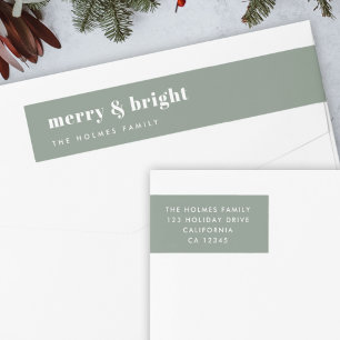 Merry and Bright   Modern Minimal Christmas Green Wrap Around Label