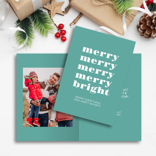 Merry and Bright Modern Minimal Teal Blue Photo Holiday Card