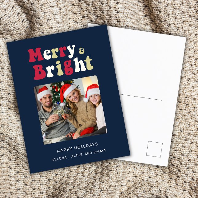 Merry and bright modern photo typography  holiday postcard (merry and bright blue family photo festive  postcard , with bold typography in red green and cream.)