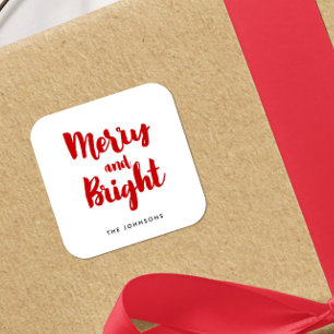 Merry and Bright modern red and white Square Sticker
