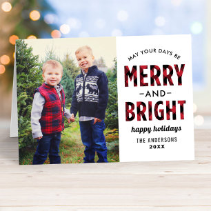 Merry and Bright Modern Red Buffalo Plaid Photo Holiday Card