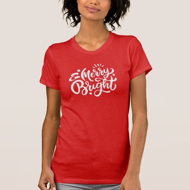 Merry and Bright Modern Red Christmas Bella Canvas T-Shirt (Front)