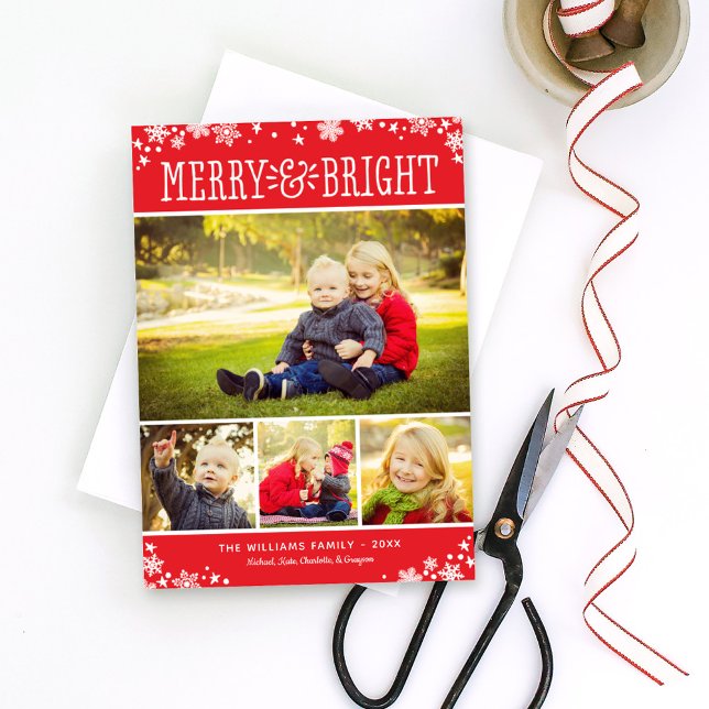 Merry and Bright Modern Red Photo Collage Holiday Card (Creator Uploaded)
