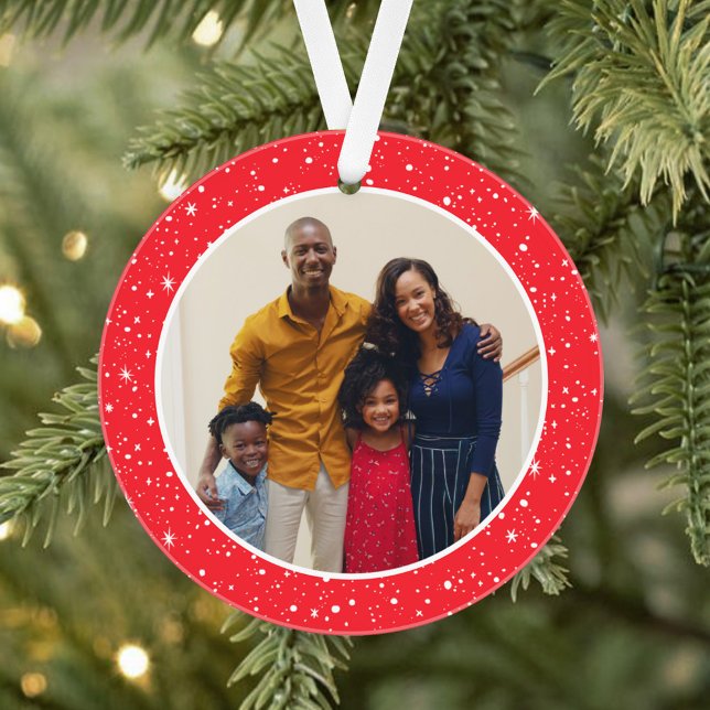 Merry and Bright Modern Red Stars Family Photo Ornament (Creator Uploaded)
