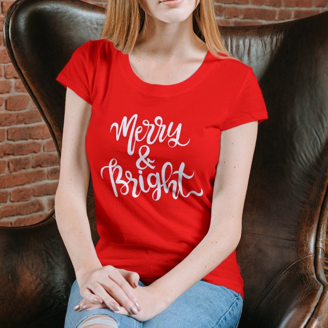 Merry and Bright Modern Red Women’s Christmas  T-Shirt (Merry and Bright Modern Red Women’s Christmas T-Shirt)