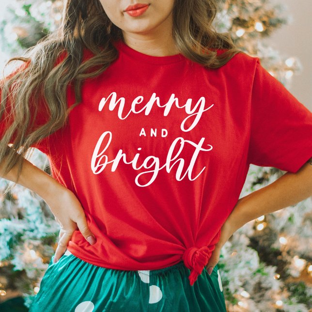 Merry and Bright Modern Red Women's Christmas T-Shirt (Creator Uploaded)