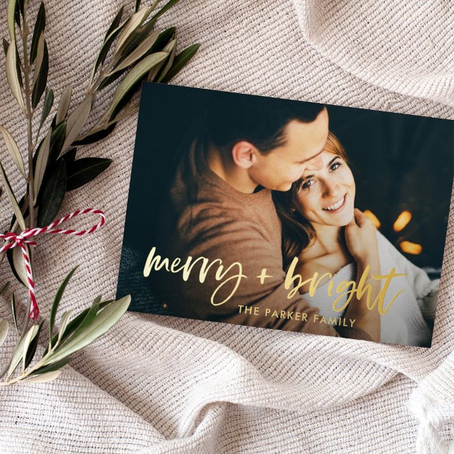 Merry and Bright | Modern Two Photo Christmas (This elegant, gold foil Christmas card says "merry and bright" in modern script with two photos)
