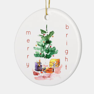 Merry and Bright Modern Watercolor Christmas Tree Ceramic Tree Decoration