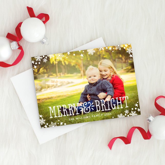 Merry and Bright Modern White Overlay Photo Holiday Card (Creator Uploaded)