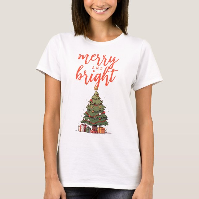 Merry and Bright Modern White Women's Christmas T-Shirt (Front)