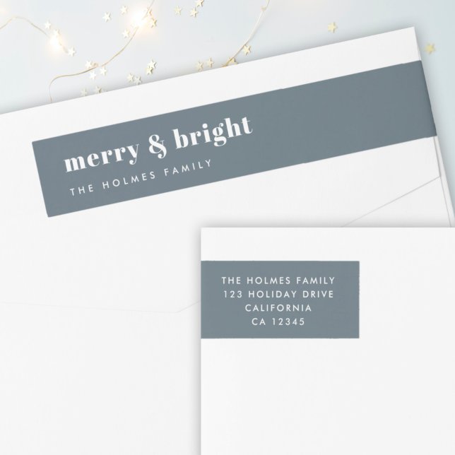 Merry and Bright | Modern Xmas Dusky Smoke Blue Wrap Around Label (Creator Uploaded)