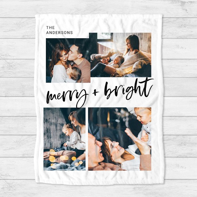 Merry and Bright | Multi Photo Grid Christmas Fleece Blanket (A modern, black and white holiday blanket with trendy casual script and four family phtoos)