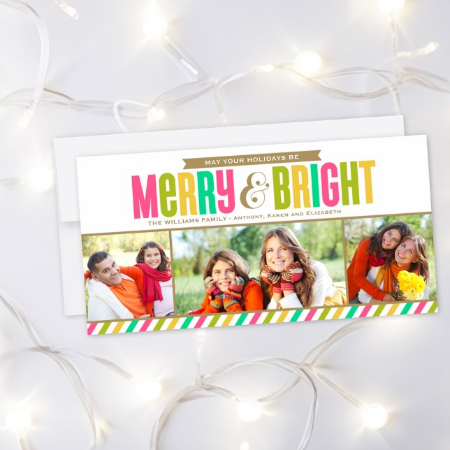 Merry and Bright Neon Colours and Stripes Photo Holiday Card (Creator Uploaded)