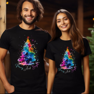 Merry and Bright Neon Watercolor Christmas Tree  T-Shirt