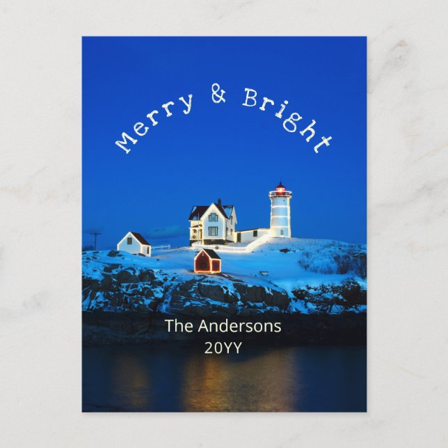Merry and Bright Nubble Lighthouse Christmas Holiday Postcard (Front)