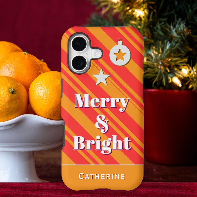 Merry and Bright | Orange and Red Candy Stripe (A personalized Christmas phone case with orange and red candy stripes and 'Merry & Bright' words)