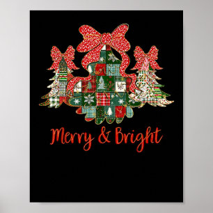 Merry And Bright Patchwork Christmas Trees Vintage Poster