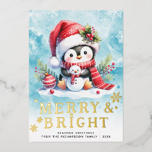 Merry and Bright Penguin Blue Red Gold Christmas