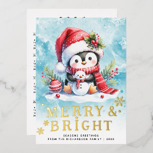Merry and Bright Penguin Blue Red Gold Christmas