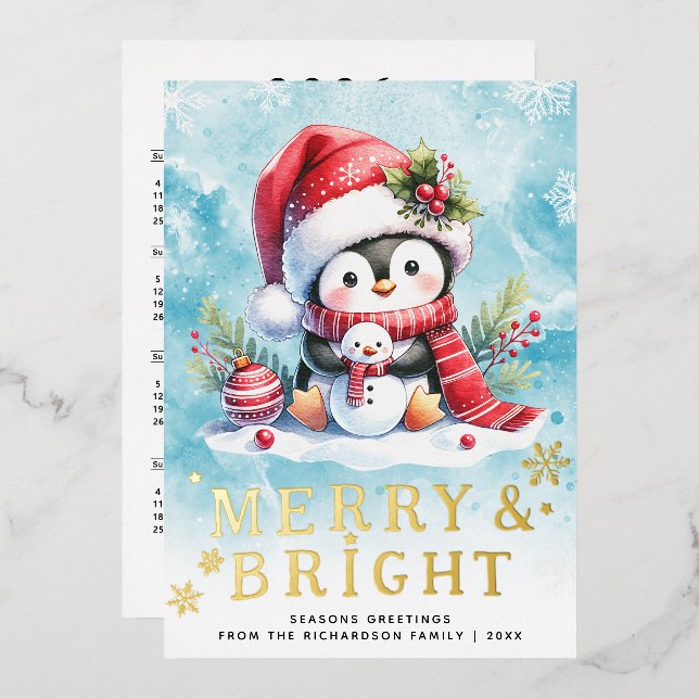 Merry and Bright Penguin Blue Red Gold Christmas (Front/Back)