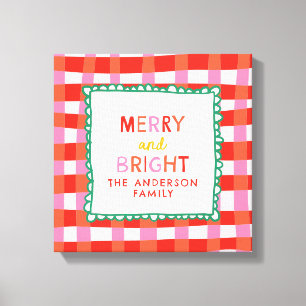 Merry and Bright Personalised Gingham Red & Pink Canvas Print