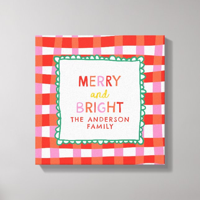 Merry and Bright Personalised Gingham Red & Pink Canvas Print (Front)