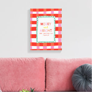Merry and Bright Personalised Gingham Red & Pink Canvas Print