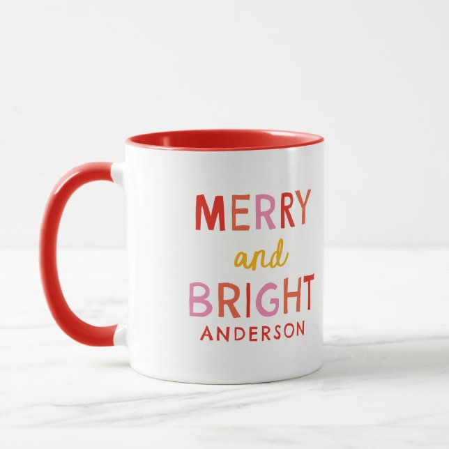 Merry and Bright Personalised Gingham Red & Pink Mug (Left)