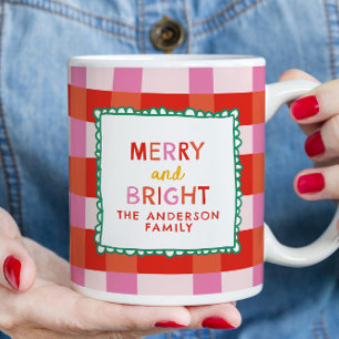 Merry and Bright Personalised Gingham Red & Pink Mug