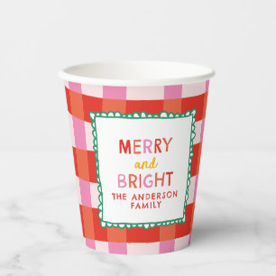 Merry and Bright Personalised Gingham Red & Pink Paper Cups