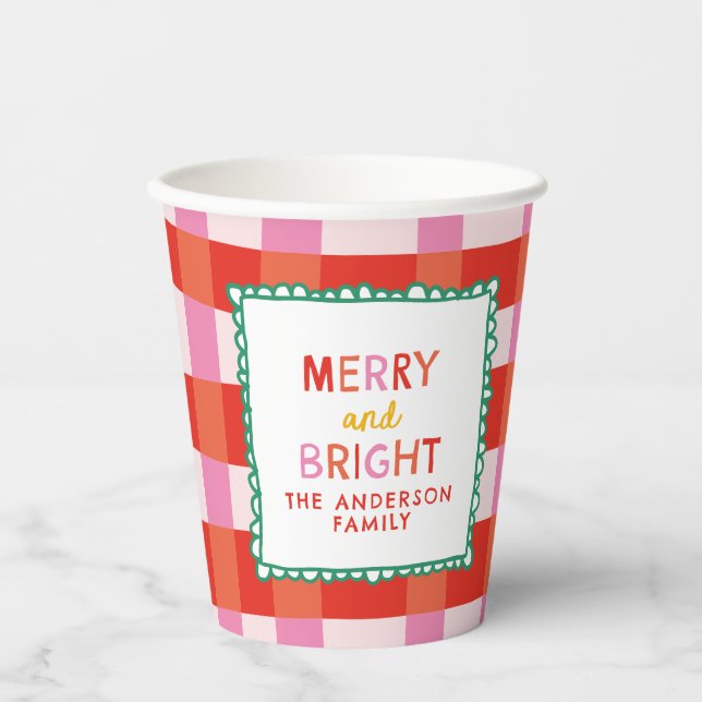 Merry and Bright Personalised Gingham Red & Pink Paper Cups (Front)