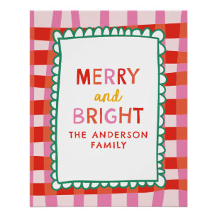 Merry and Bright Personalised Gingham Red & Pink Poster