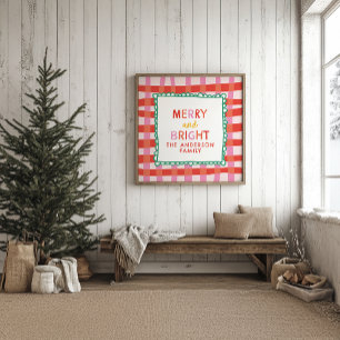 Merry and Bright Personalised Gingham Red & Pink Poster