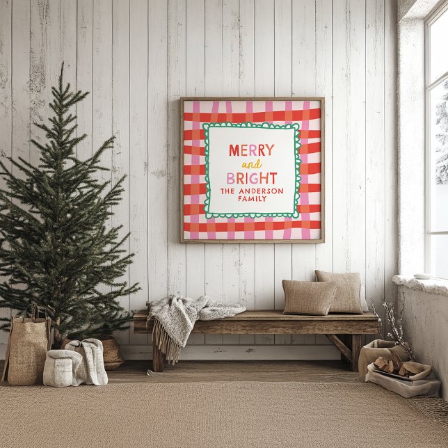 Merry and Bright Personalised Gingham Red & Pink Poster (Creator Uploaded)