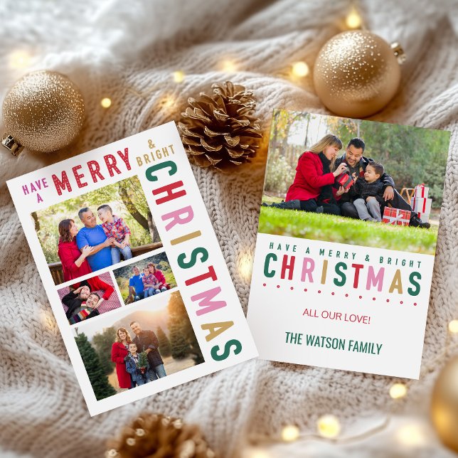 Merry and Bright Photo Christmas Card (Festive Merry and Bright Photo Christmas Card with 5 Horizontal Photos)