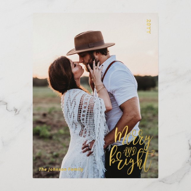 Merry and Bright Photo Christmas Foil Holiday Post (Front)