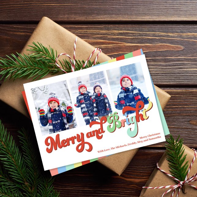 Merry and Bright Photo Collage Christmas Holiday Card (Merry and Bright holiday photo card. With colorful retro typography. )