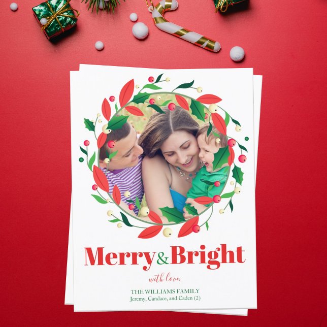 Merry and Bright Photo Holly Wreath Cute Christmas Postcard (Creator Uploaded)