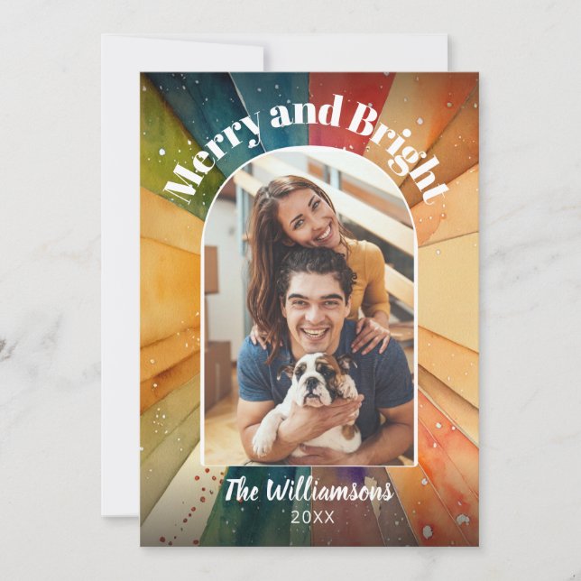 Merry and Bright Photo Modern Watercolor Christmas Holiday Card (Front)