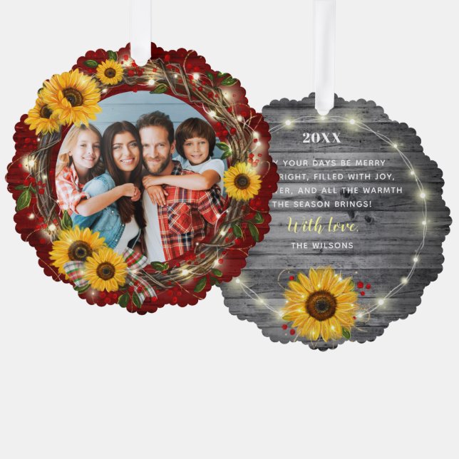 Merry and Bright Photo Rustic Sunflower Christmas Tree Decoration Card (Front/Back)