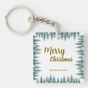Merry and Bright pine tree forest Christmas Key Ring