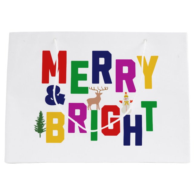 Merry and Bright Pine Tree Reindeer Snowman  Large Gift Bag (Front)
