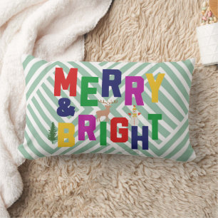 Merry and Bright Pine Tree Reindeer Snowman Lumbar Cushion