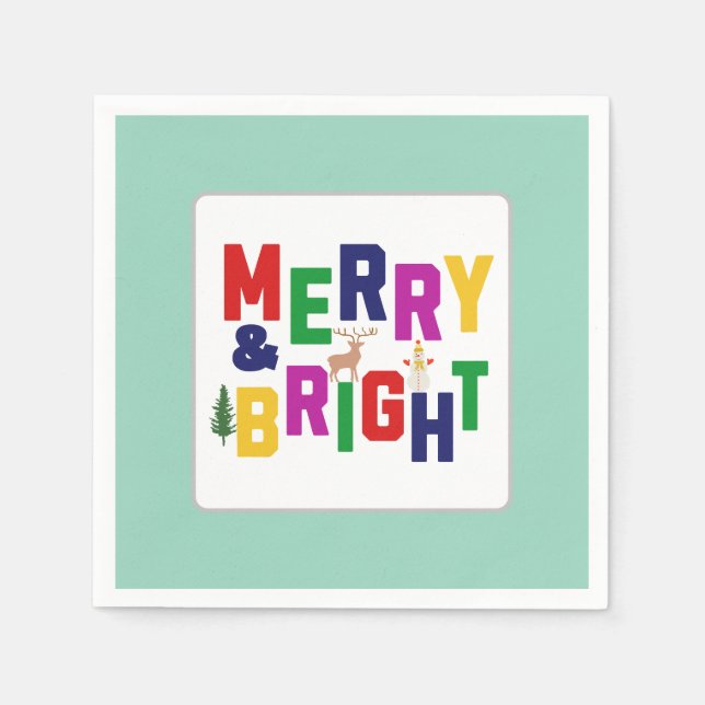 Merry and Bright Pine Tree Reindeer Snowman  Napkin (Front)