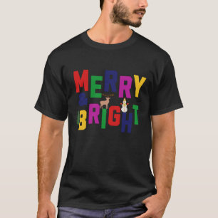 Merry and Bright Pine Tree Reindeer Snowman T-Shirt