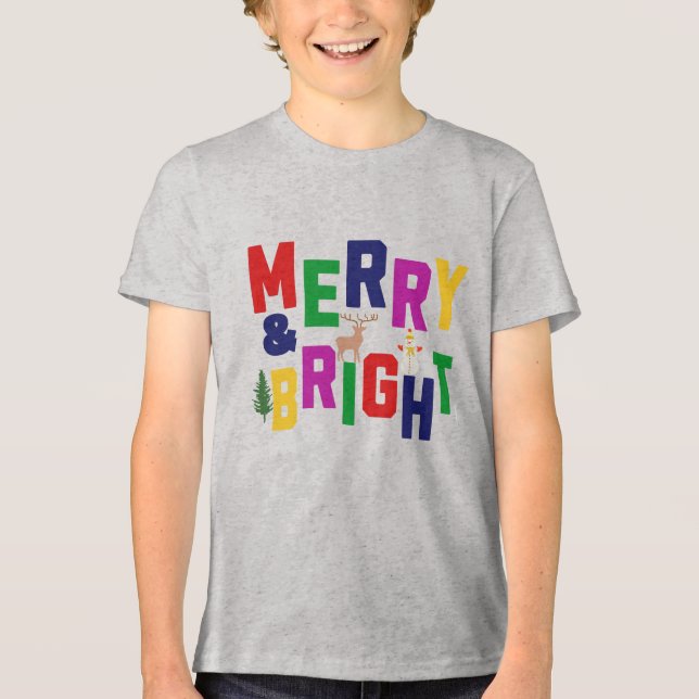 Merry and Bright Pine Tree Reindeer Snowman  Tri-Blend Shirt (Front)