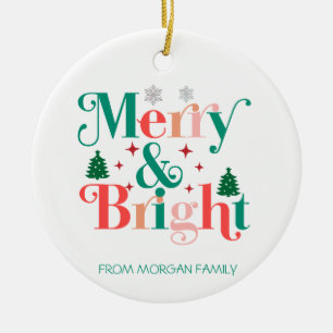 Merry And Bright Pine Tree Snowflakes Ceramic Tree Decoration